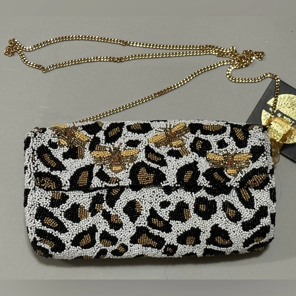From India To You Beaded Leopard Print With Bees Crossbody/Clutch Bag - NWT